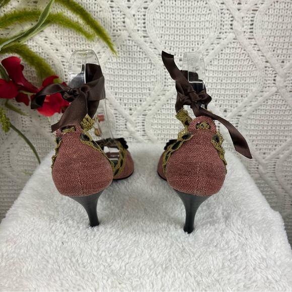 C. BANNER Pink Tweed Lace Detail Open Toe Ribbon Tie Up Kitten Heel Pumps 5.5 - Picture 7 of 12
